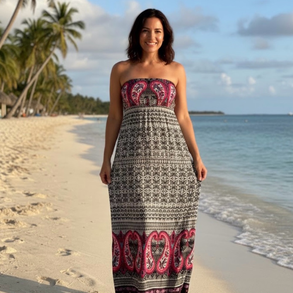 boho empire waist strapless lined Black and Pink Paisley Maxi Dress • Size M